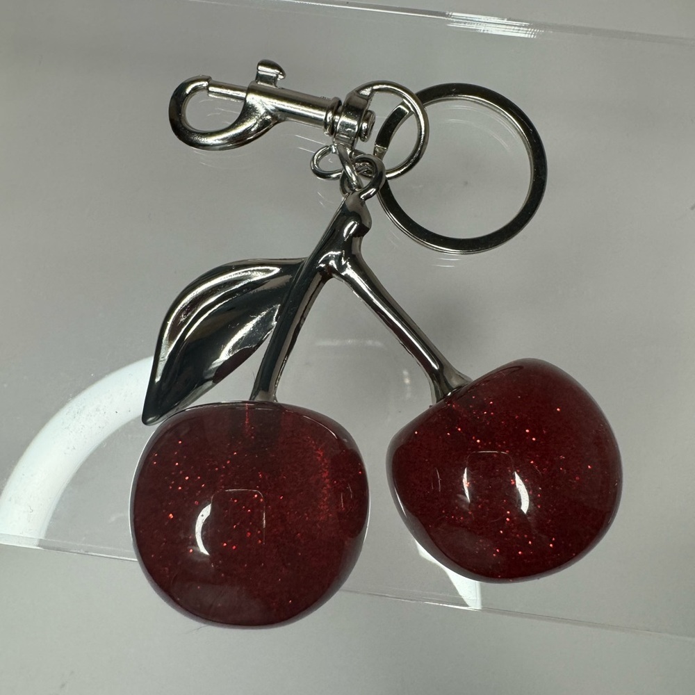 New Red Glittery Cherry Bag Charm Keychain w/ Silver-Tone Hardware - Picture 3 of 3